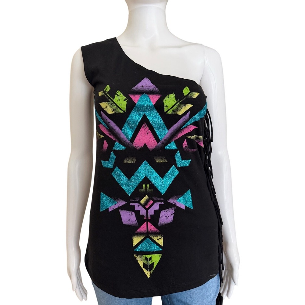Bongo One-Shoulder Aztec Print Black Fringe Top Size Medium